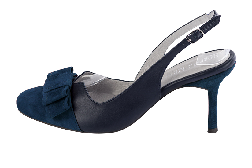 Navy blue women's open back shoes, with a knot. Round toe. High slim heel. Profile view - Florence KOOIJMAN